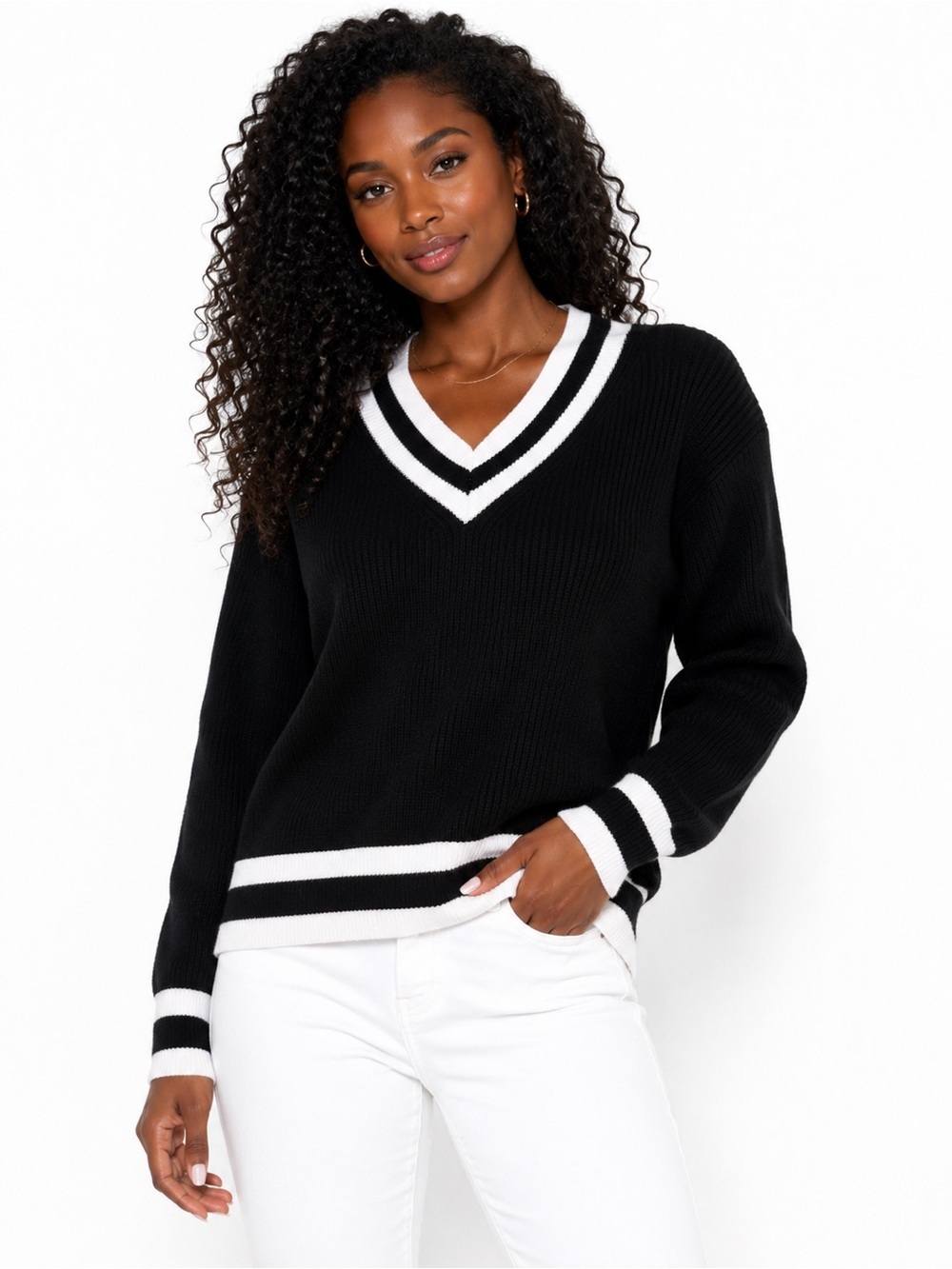 💛2 for $20-Vigoss Woman’s Black White Varsity V-Neck Rib Knit Sweater Size M